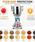 Heavy Duty Electric Grain Mill Grinder 2000W High Speed Stainless Steel Powder Machine with overload protection feature.