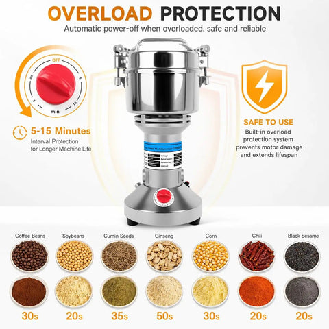 Heavy Duty Electric Grain Mill Grinder 2000W High Speed Stainless Steel Powder Machine with overload protection feature.
