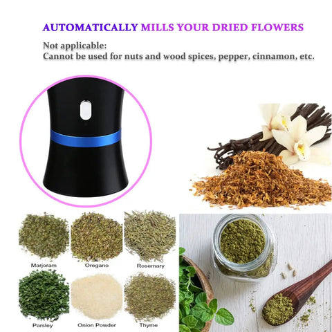 Electric Herb Grinder Compact For Flower Buds USB Rechargeable Glass Chamber Duo with herbs and spices display