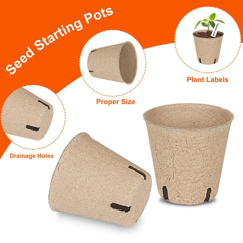 Sixty Pack 3.15 Inch Biodegradable Peat Pots With Drainage Holes For Seedlings shown with plant labels and pot details