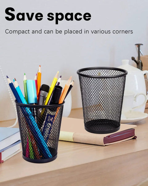 Black Mesh Pencil Holder Metal Pen Cup Desk Organizer Set Of 6 For Office, School, And Home on a desk with supplies