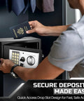 Person using Compact Drop Slot Safe Box With Digital Keypad Lock For Cash Money, Documents, Jewelry, And Valuables, Matte Black