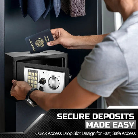 Person using Compact Drop Slot Safe Box With Digital Keypad Lock For Cash Money, Documents, Jewelry, And Valuables, Matte Black