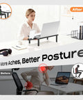 Person using 3 Height Adjustable Monitor Stand Riser For Desk And Workstation Elevates Computer Laptop TV And Printer With Metal Shelf And Built In Phone Holder Ergonomic Desk Organizer 2 Pack for improved posture