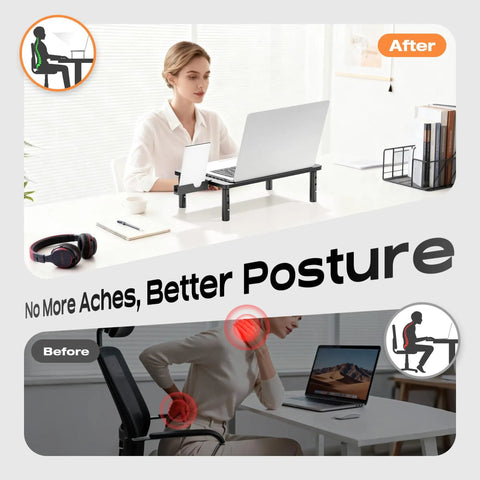 Person using 3 Height Adjustable Monitor Stand Riser For Desk And Workstation Elevates Computer Laptop TV And Printer With Metal Shelf And Built In Phone Holder Ergonomic Desk Organizer 2 Pack for improved posture