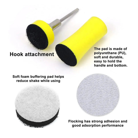 Check out these 191 Pieces Of One Inch Sanding Discs With Hook And Loop Fastening System Plus A Backing Pad For Wet Or Dry Sanding Jobs That Peel Switch In Seconds Without Tools And Dust Venting Holes Keep The Area Clean While You Work Like A Pro. Hook attachment with soft PU handle and foam pad for secure grip.