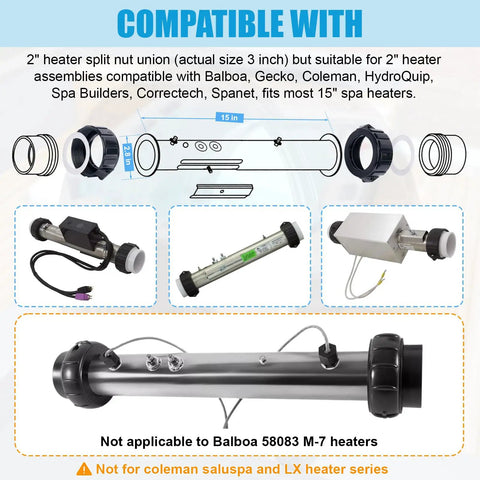 Hot Tub Heater Split Nut Union And Tailpiece 2 Inch Adapter Kit Set Of 2 compatibility chart and components.