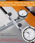 Pro Grade Dial Indicator Table Saw Gauge For Spot On Alignment And Calibration In The Workshop Fits Standard Miter Slot Three Eighths By Three Quarters Inch Width Detects Arbor And Blade Runout For Table Saws With Three Quarters Inch Or Larger Groove in use on table saw.