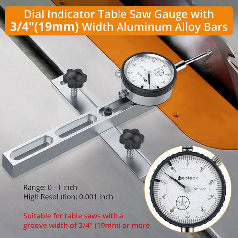Pro Grade Dial Indicator Table Saw Gauge For Spot On Alignment And Calibration In The Workshop Fits Standard Miter Slot Three Eighths By Three Quarters Inch Width Detects Arbor And Blade Runout For Table Saws With Three Quarters Inch Or Larger Groove in use on table saw.