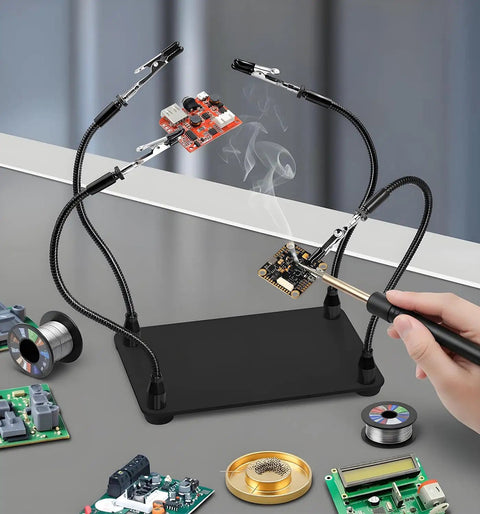 Helping Hands Soldering Station With Four Flexible Arms And Clamps, Pro Grade Heavy Duty Steel Base for PCB Repair and DIY Projects