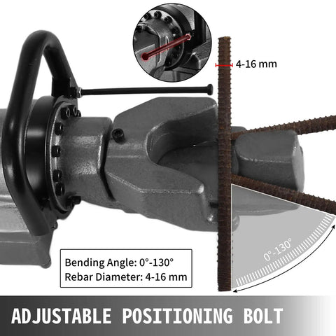 VEVOR 900W Electric Rebar Bender Portable For Construction showing adjustable positioning bolt with bending angle of 0-130 degrees and rebar diameter of 4-16 mm.