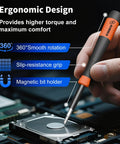 Close-up of magnetic screwdriver in use, highlighting ergonomic design and features in 64 In 1 Magnetic Precision Screwdriver Kit For Electronics Repair