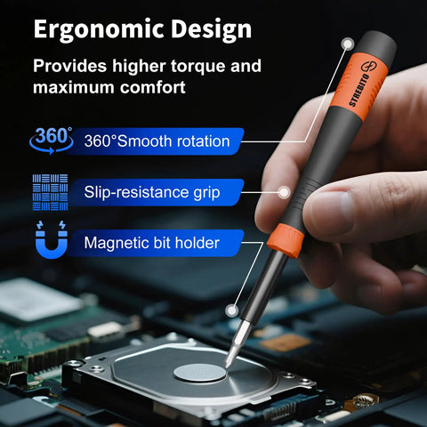 Close-up of magnetic screwdriver in use, highlighting ergonomic design and features in 64 In 1 Magnetic Precision Screwdriver Kit For Electronics Repair