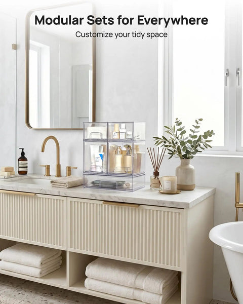 Clear Stackable Storage Drawers Set Of 5 Plastic Organizer Bins With Built In Handles For Countertop Space Saving Storage in bathroom.