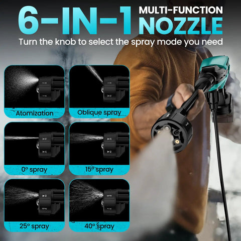 Cordless Portable Washer 800 PSI With Brushless Motor, Six In One Nozzle shown spraying water at different angles