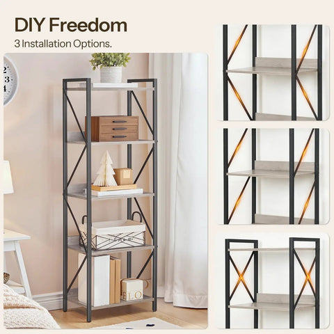No Fuss Five Tier Industrial Bookcase With Sturdy Metal Frame And Secure Back Barrier Sweet Vertical Storage Organizer That Looks Dang Fine In Any Living Room Or Home Office Greige And Black