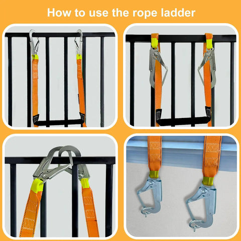 Heavy Duty Fire Escape Ladder With Two Heavy Hooks, 33.1 Feet Emergency Rope Ladder for 3 to 5 Story Homes on railing