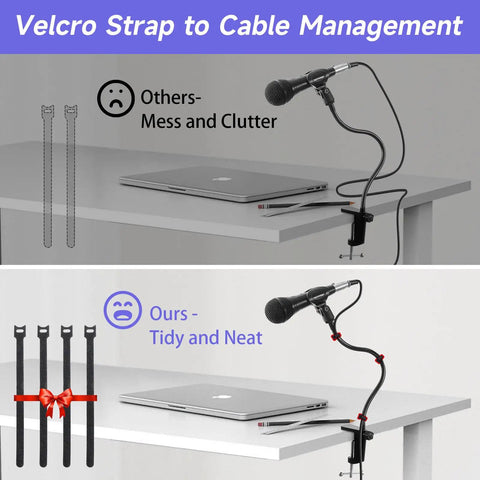 Comparison of messy vs. neat desk with Adjustable 13.78 Inch Gooseneck Desk Microphone Stand With Clip, using Velcro straps for cable management.