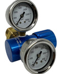 Preece precision argon regulator, blue aluminum body with dual gauges, 0-400 psi, front view.