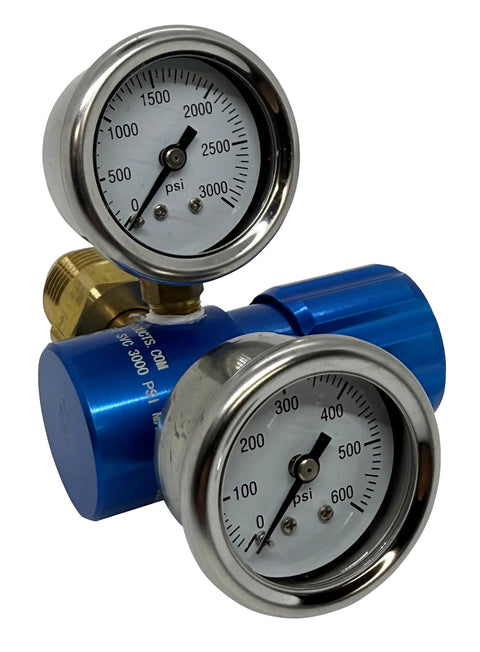 Preece precision argon regulator, blue aluminum body with dual gauges, 0-400 psi, front view.