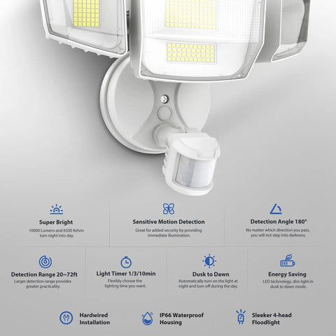 Straight Up Heavy Duty Four Head LED Motion Sensor Outdoor Flood Light With 10000 Lumen Super Bright Output Dusk To Dawn Hardwired Security Lighting For Your Yard And Driveway IP66 Waterproof Daylight White