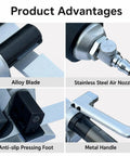 Heavy Duty Handheld Pneumatic Strapping Machine For 19 To 50 Mm Steel Bands Rock Solid Power Tool showing alloy blade and stainless steel air nozzle.