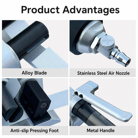 Heavy Duty Handheld Pneumatic Strapping Machine For 19 To 50 Mm Steel Bands Rock Solid Power Tool showing alloy blade and stainless steel air nozzle.