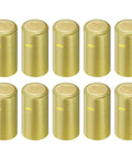 Top Shelf 50 Pack PVC Heat Shrink Wine Bottle Caps With A Rock Solid Gold Seal, gold sealing caps in a grid layout.