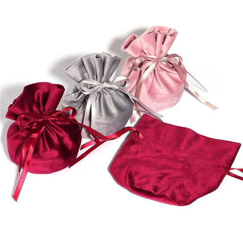 Velvet Drawstring Jewelry Bags Set, 12 Pack Colorful Ribbon Storage Pouches in pink, red, and gray for jewelry protection and gift packaging.