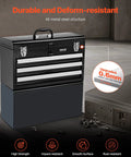 Tough As Nails Steel Tool Box With Three Smooth Rolling Drawers Secure Locking System Powder Coated Finish EVA Padded Trays image featuring a durable all-metal box.