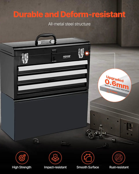 Tough As Nails Steel Tool Box With Three Smooth Rolling Drawers Secure Locking System Powder Coated Finish EVA Padded Trays image featuring a durable all-metal box.
