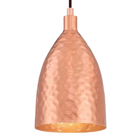Dope One Light Indoor Mini Pendant with hammered copper shade and bronze interior, showing adjustable cord attachment and shade detail.