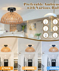 Boho Rattan Pendant Light Fixtures 2 Pack 12 Inch Woven Basket Ceiling Lamps in living room, warm light variations shown