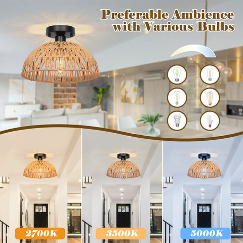 Boho Rattan Pendant Light Fixtures 2 Pack 12 Inch Woven Basket Ceiling Lamps in living room, warm light variations shown
