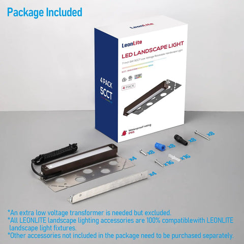 Package contents of Easy Install 7 Inch LED Hardscape Light With 5CCT Adjustable Output, showing parts and box