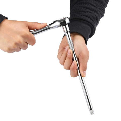 Person using socket with Beefy Duty 9 Piece Socket Extension Bar Set for Quarter Inch, Three Eighths and Half Inch Drives, CRV Steel