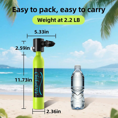 Ultra Portable 0.5L Mini Scuba Tank Kit With Hand Pump For On The Go Backup Air Underwater Breathing Pony Bottle on beach.