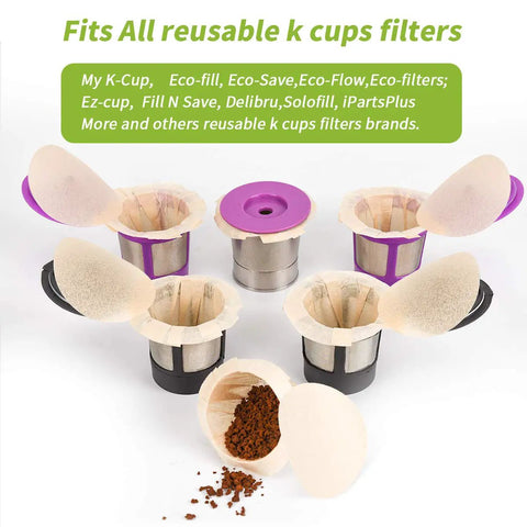 Unbleached K Cup Coffee Filters With Lid For Reusable Coffee Cups Disposable Filter Pack Fits All Single Serve Brewers 300 Count Great For Home Brewing Mess Free Natural Wood Pulp shown with ground coffee in pods.
