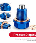 Upgrade Your Ride With This Sweet Blue M14 Aluminum Oil Drain Plug Featuring A Magnetic Catcher For Clean Engine Oil And A CNC Machined Anti Leak Gasket Kit That Works Perfectly As A Universal Fit For Most Cars And Trucks To Keep Your Motor Running.