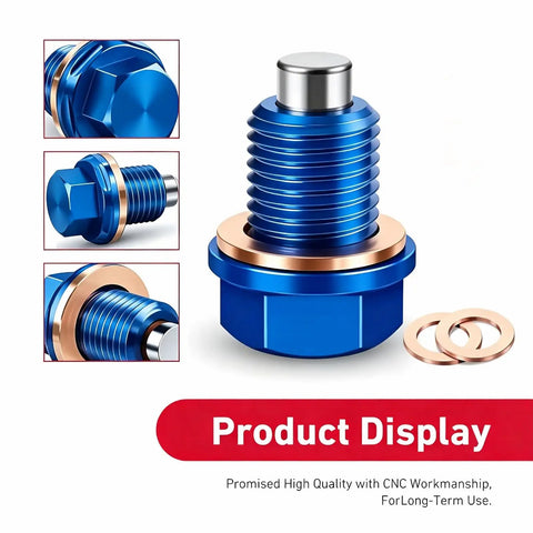 Upgrade Your Ride With This Sweet Blue M14 Aluminum Oil Drain Plug Featuring A Magnetic Catcher For Clean Engine Oil And A CNC Machined Anti Leak Gasket Kit That Works Perfectly As A Universal Fit For Most Cars And Trucks To Keep Your Motor Running.