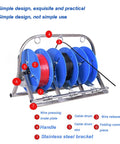 Portable Heavy Duty Four Axis Cable Rack And Wire Dispenser with blue reels and stainless steel frame for auto shops and industry.