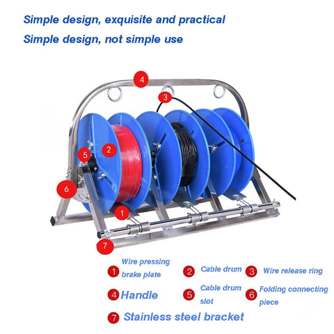 Portable Heavy Duty Four Axis Cable Rack And Wire Dispenser with blue reels and stainless steel frame for auto shops and industry.