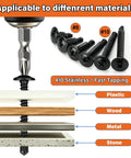 Heavy Duty Metal Screws Kit 1280-Piece Self Tapping And Self Drilling Set showing 410 stainless screws on materials like plastic, wood, metal, stone