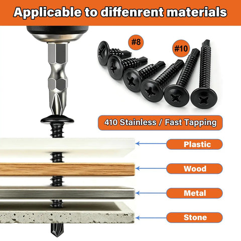 Heavy Duty Metal Screws Kit 1280-Piece Self Tapping And Self Drilling Set showing 410 stainless screws on materials like plastic, wood, metal, stone