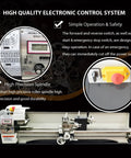 Top Shelf Benchtop Metal Lathe Machine 8 X 39 Inch Capacity 1100W Brushless Motor Variable 50 To 2500 Rpm show high quality control panel and spindle.