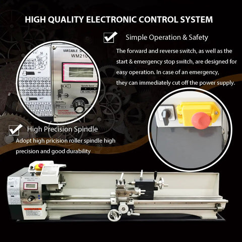 Top Shelf Benchtop Metal Lathe Machine 8 X 39 Inch Capacity 1100W Brushless Motor Variable 50 To 2500 Rpm show high quality control panel and spindle.