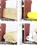 Portable Mini Electric Belt Sander Bench Grinder With Five Sanding Belts For Metal Wood Plastic DIY Polishing in use on various materials.