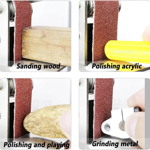 Portable Mini Electric Belt Sander Bench Grinder With Five Sanding Belts For Metal Wood Plastic DIY Polishing in use on various materials.