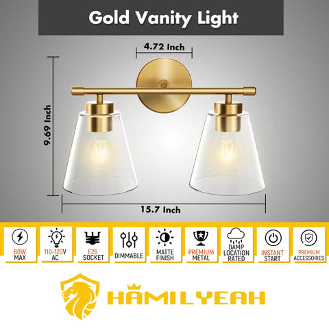2 Light Gold Brass Vanity Wall Lights Over Mirror With Clear Glass Shades For Bathroom Kitchen And Living Room Durable Anti Rust Finish Damp Location Rated Modern Sconce Lighting front view with dimensions