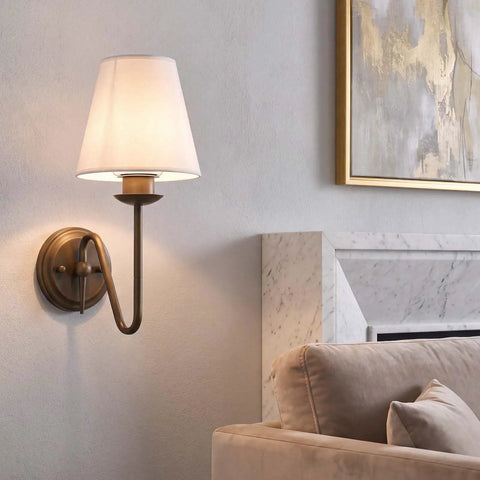 YS.ESUDSI Vintage Wall Sconces with White Handmade DIY Fabric Shade E26 mounted beside a couch in a stylish living room.